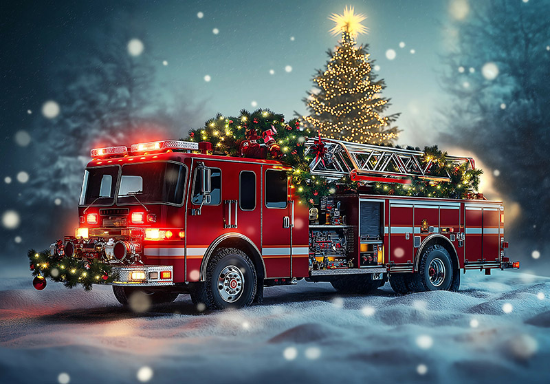 A festive fire truck adorned with Christmas garlands, glowing li